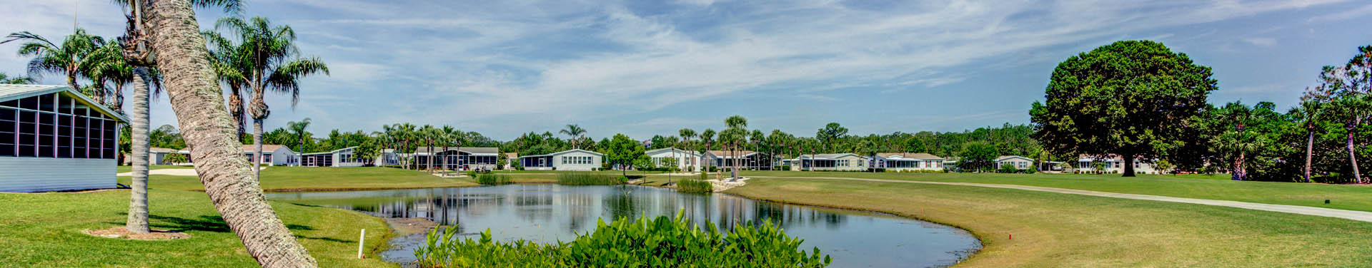 Photo of Green grass, palm trees, and mobile homes that surround a retention pond in the middle of the community